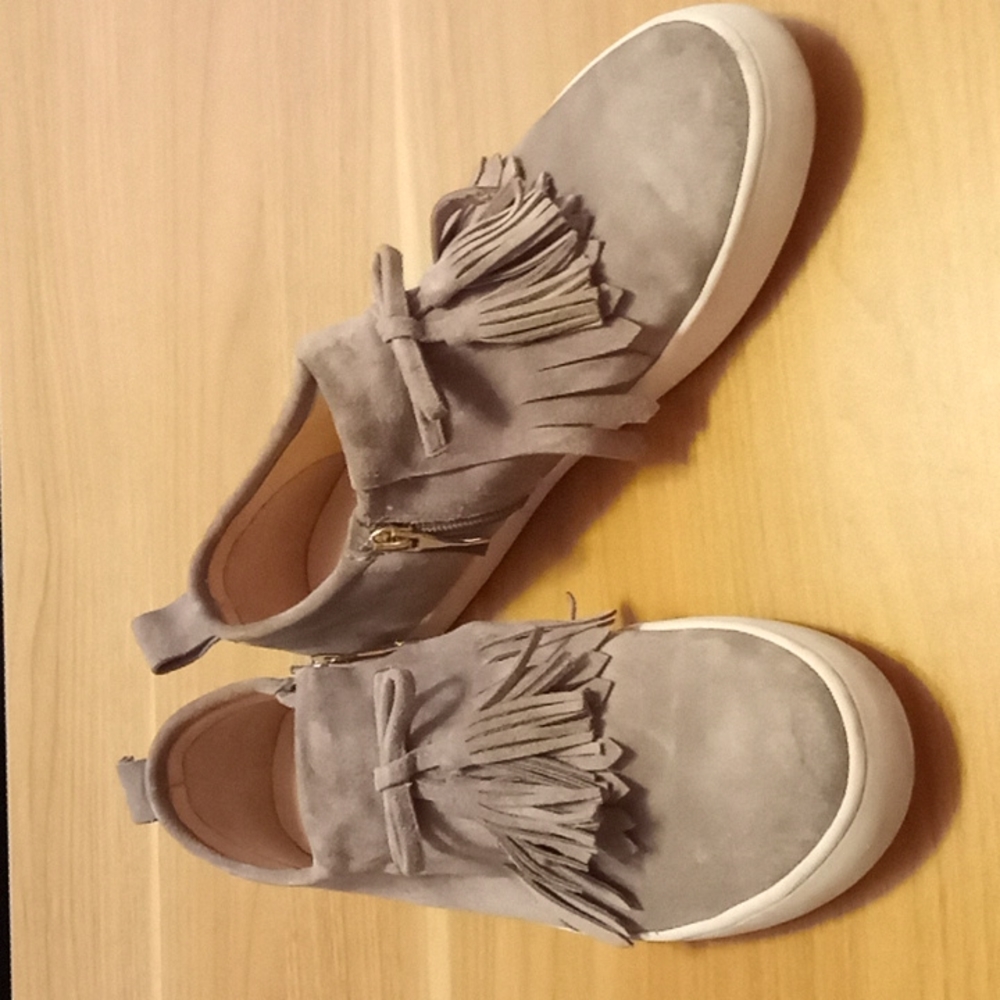 Kate Spade "Lenna" Tassel Gray Suede Leather Kiltie Sneakers in Size 8.5M